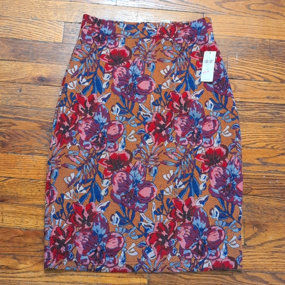 Maeve by Anthropologie Floral Red Purple Blue Jacquard-Like Pencil Skirt XS